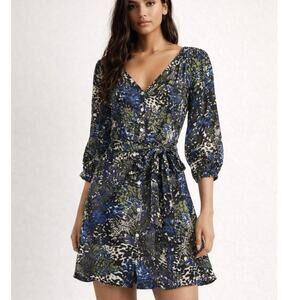 Alice & Trixie Blue Silk Dress w/ Sash M Abstract Animal Print Boho Whimsy Fairy